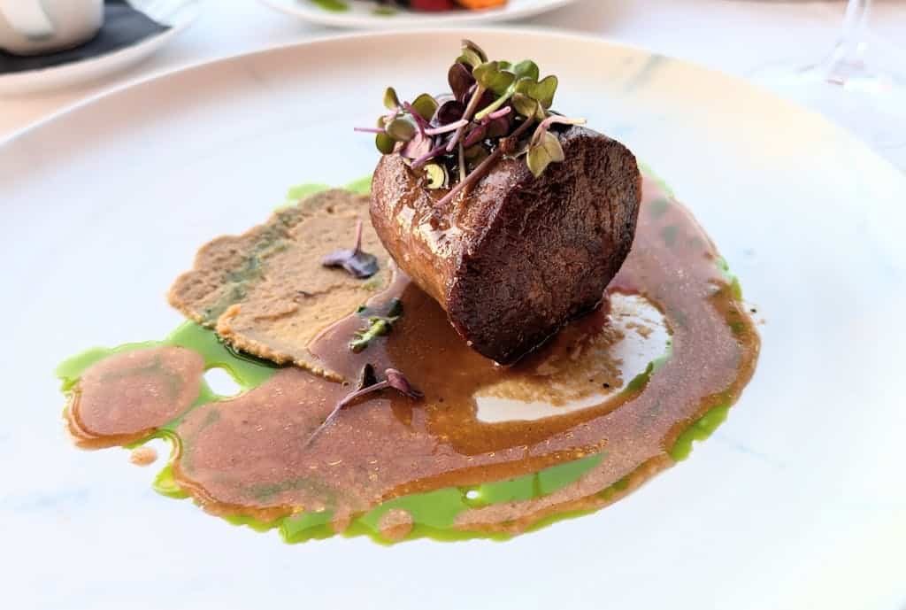 Delicious beef fillet with rich sauce, microgreens, and side dish on a white plate in a luxury restaurant setting.