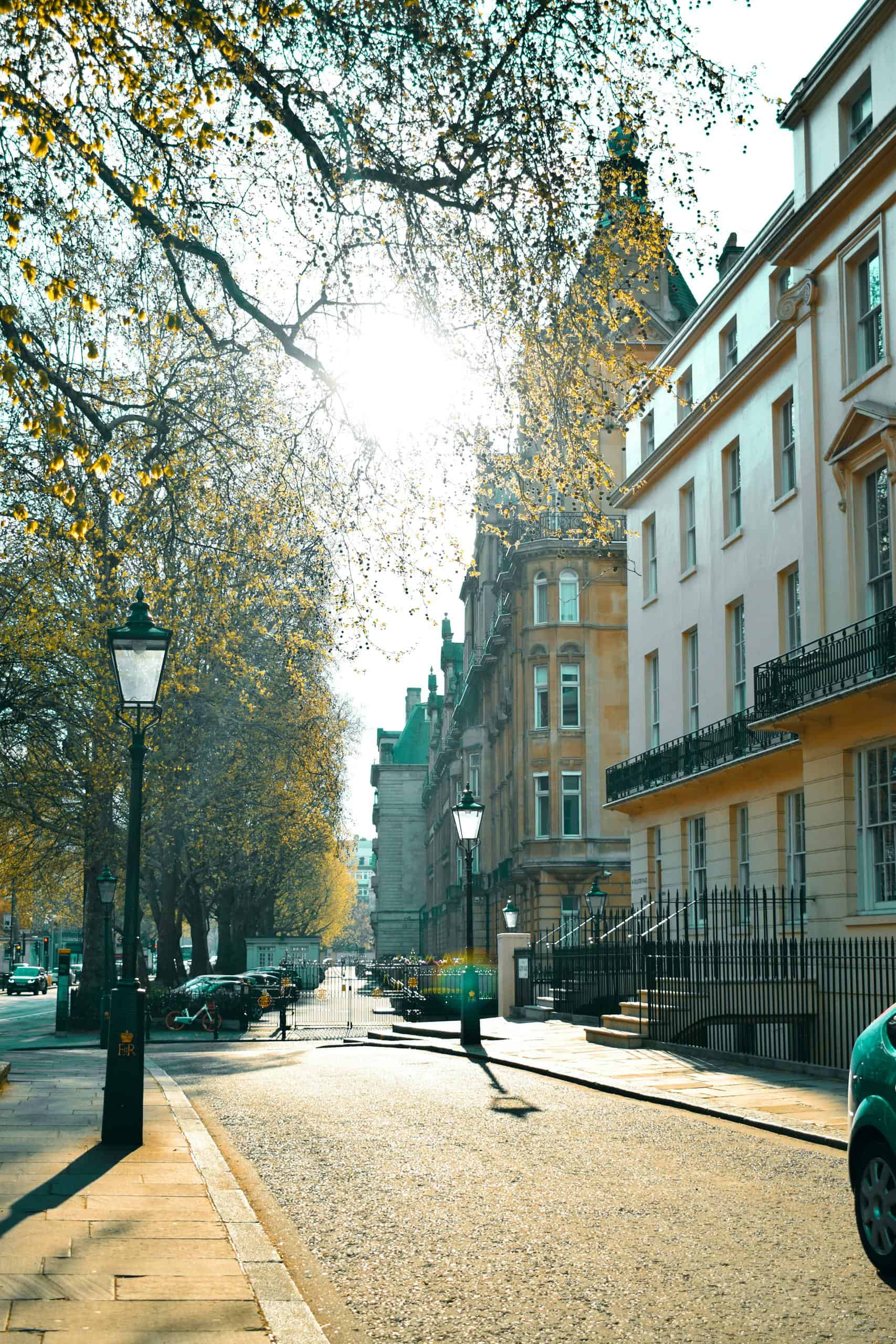 A sunny day in London's iconic streets, showcasing classic architecture.